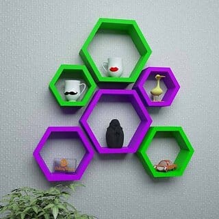 Onlinecraft Room Wall Decor Wooden Wall Shelf (Number Of Shelves - 6, Green, Purple, Multicolor)