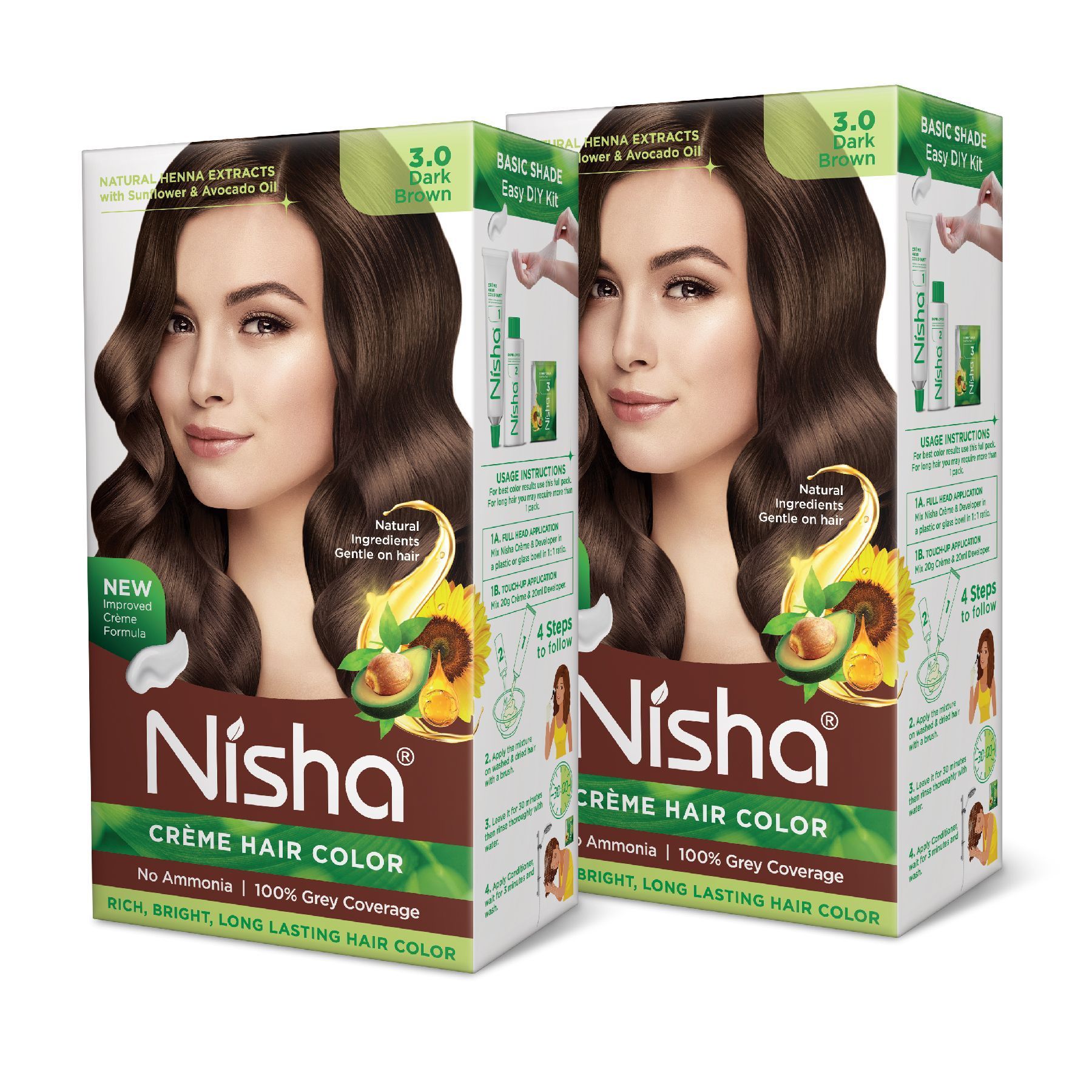 Nisha Creme Hair Color 3.0 Dark Brown 120g Pack of 2, Permanent Hair Colour for Women Men, No Ammonia 100% Grey Coverage