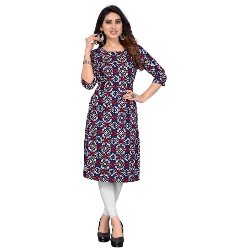 Women's Casual 3/4th Sleeve Printed Crepe Kurti (Multicolor, L)-PID46172