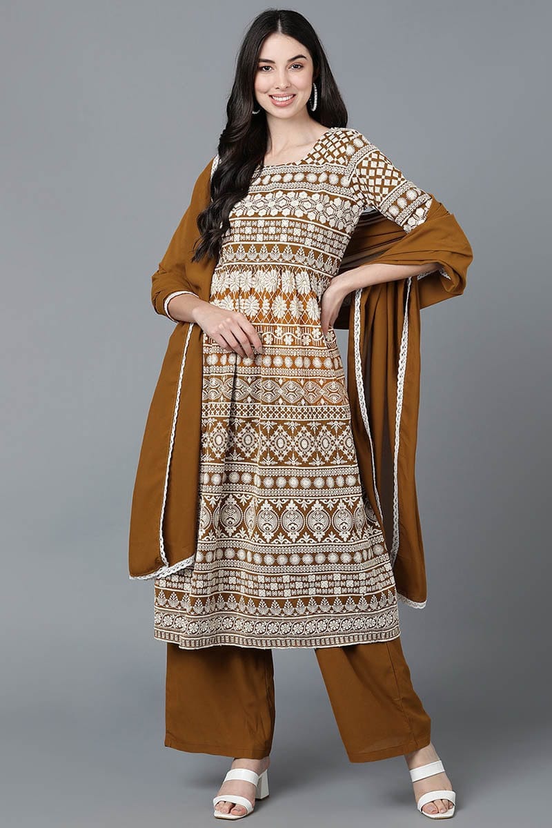 Mustard Poly Georgette Flared Suit Set PKSKD1469