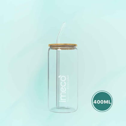 IMECO ECO JAR Glass Sipper with Bamboo Lid (400 ml) | Borosilicate Glass & Leakproof Seal | Daily Hydration