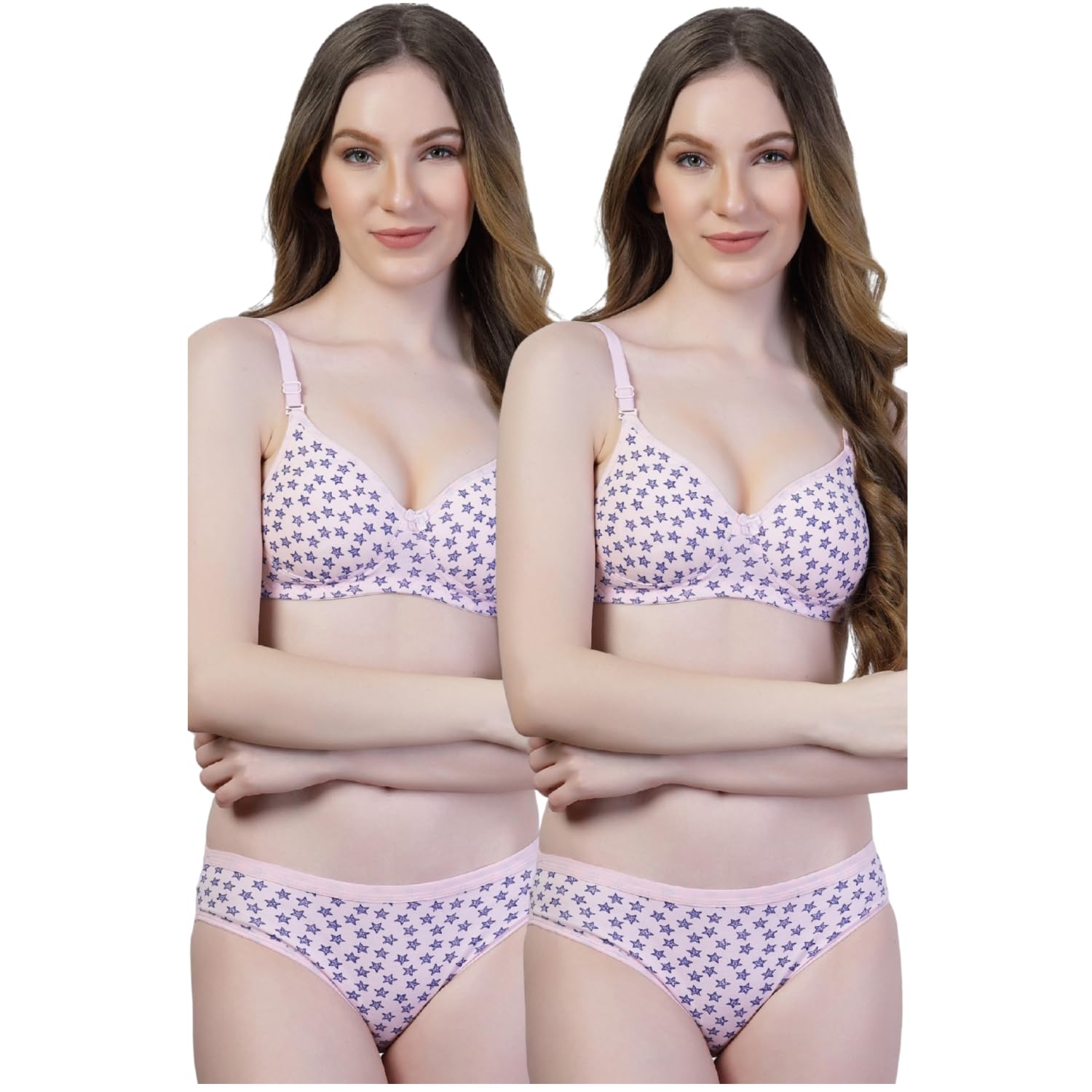 adornstar Women Cotton Lingerie Set with Stars Print Design | Non Wired and Non Padded Bra with Full Coverage Hipster Panty Set | Stylish and Soft Stretchable Fabric (Pack of 2)