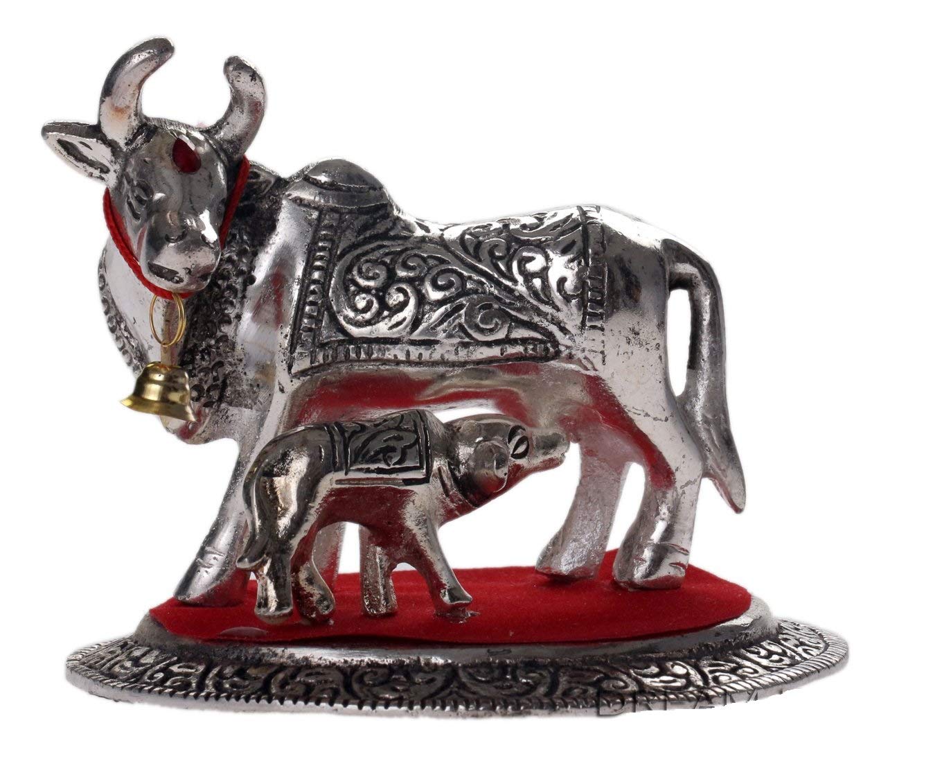 DreamKraft Metal Oval Kamdhenu Cow and Calf (Silver, Standard)