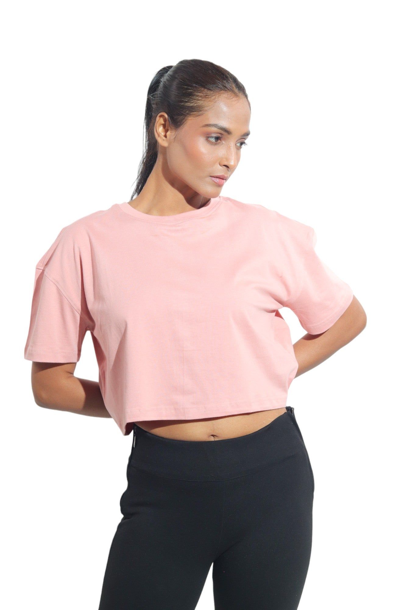 Kinnko Premium Cotton Womens Pink Solid Crop T-Shirt Plain