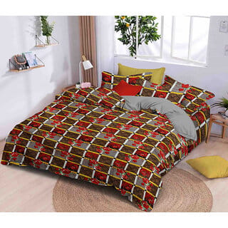 Black Bee  Maroon Flowers Print On Brown Base Double Bedsheet With 2 Pillow Covers (208 X 213 Cm) (Bs4-01)