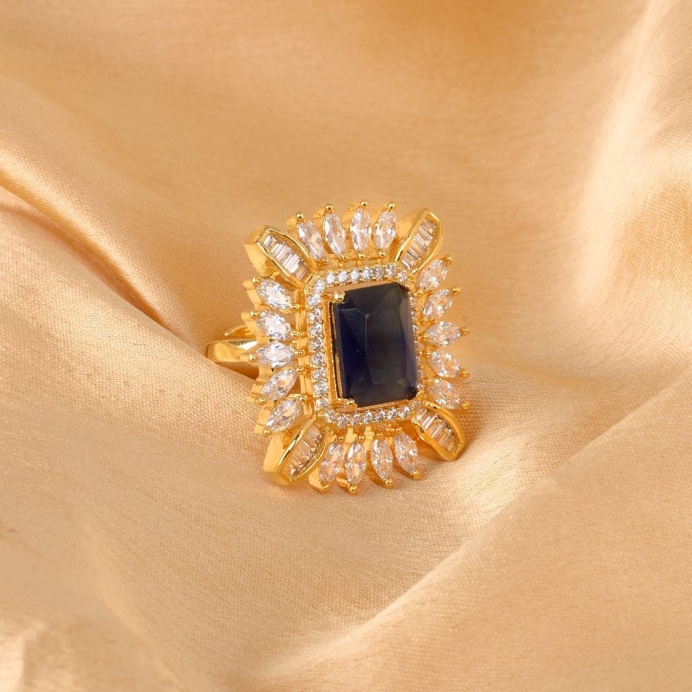 Gold plated Blue AD studded handcrafted adjustable Ring for Women & Girls