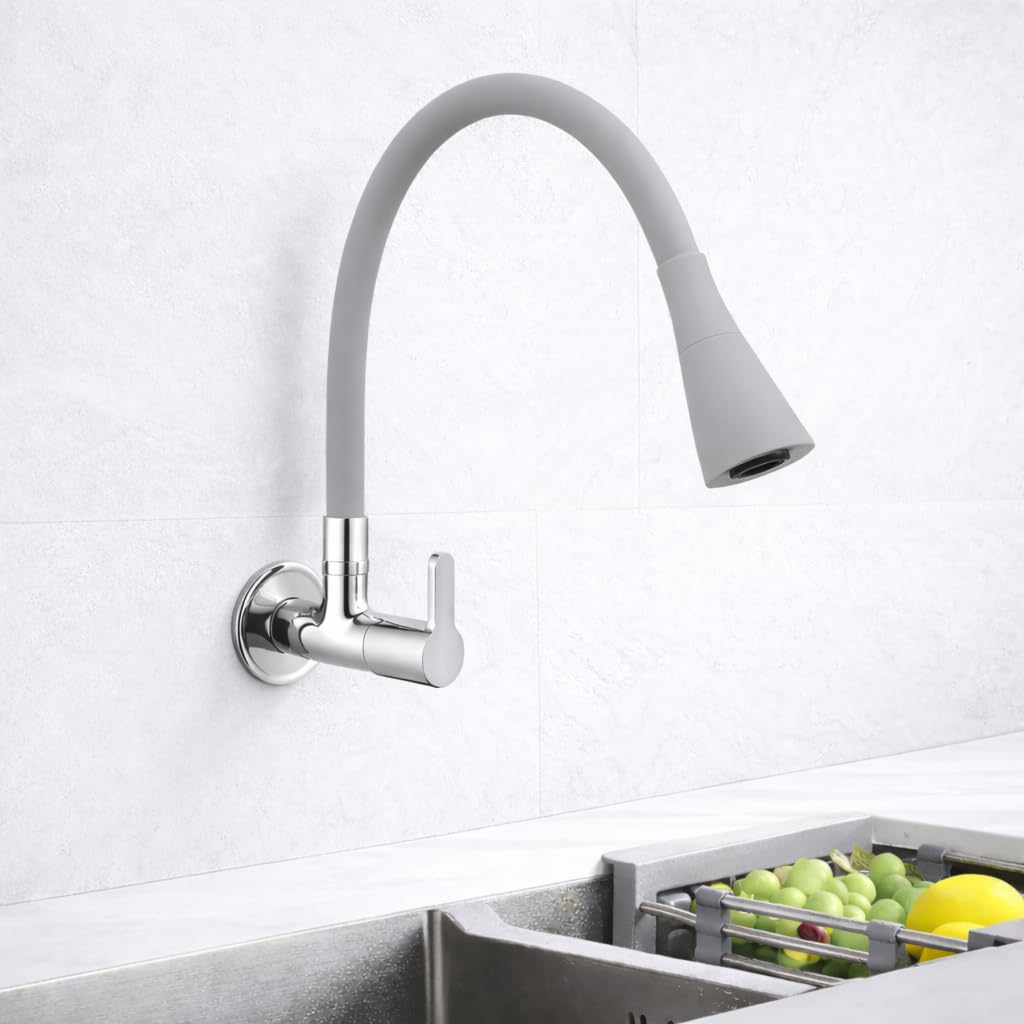 Sink Cock Grey Kitchen Faucet with Silicone Flexible Spout | Wall-Mount Brass Tap with Foam Flow Function & 360° Rotatable Design