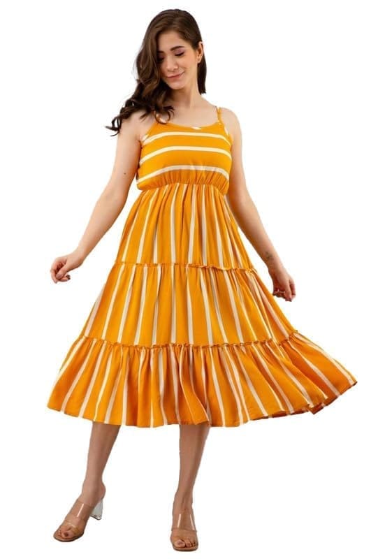 Women's Casual Sleeveless Striped Crape Dresses (Mustard, L)-PID46927