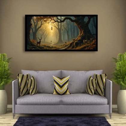 Luminary Whisper in the Woods – Mystical Forest Light Museum-Quality Cotton Canvas Painting for Bedroom Décor | Frame Size (127 X 69 Cm) | Frame Type (Black) | 5-Year Warranty