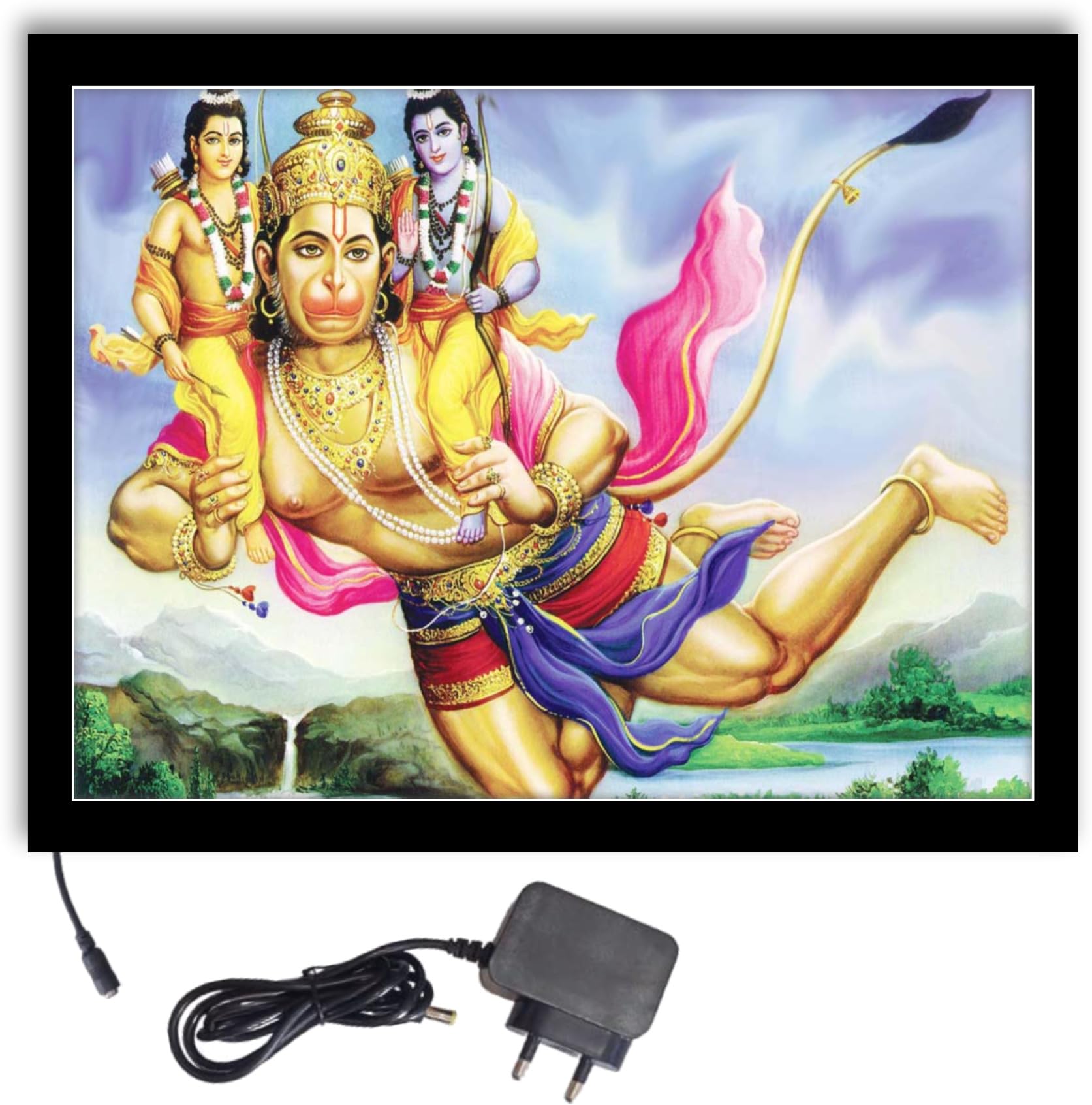 NOKKES Hanuman Ji With Ram And Laxman Ji Light Photo Frame 8X10 inch Led Light photo Frame With Light Adaptor Led Light Photo Frame Black Color Photo Frame_AQW228