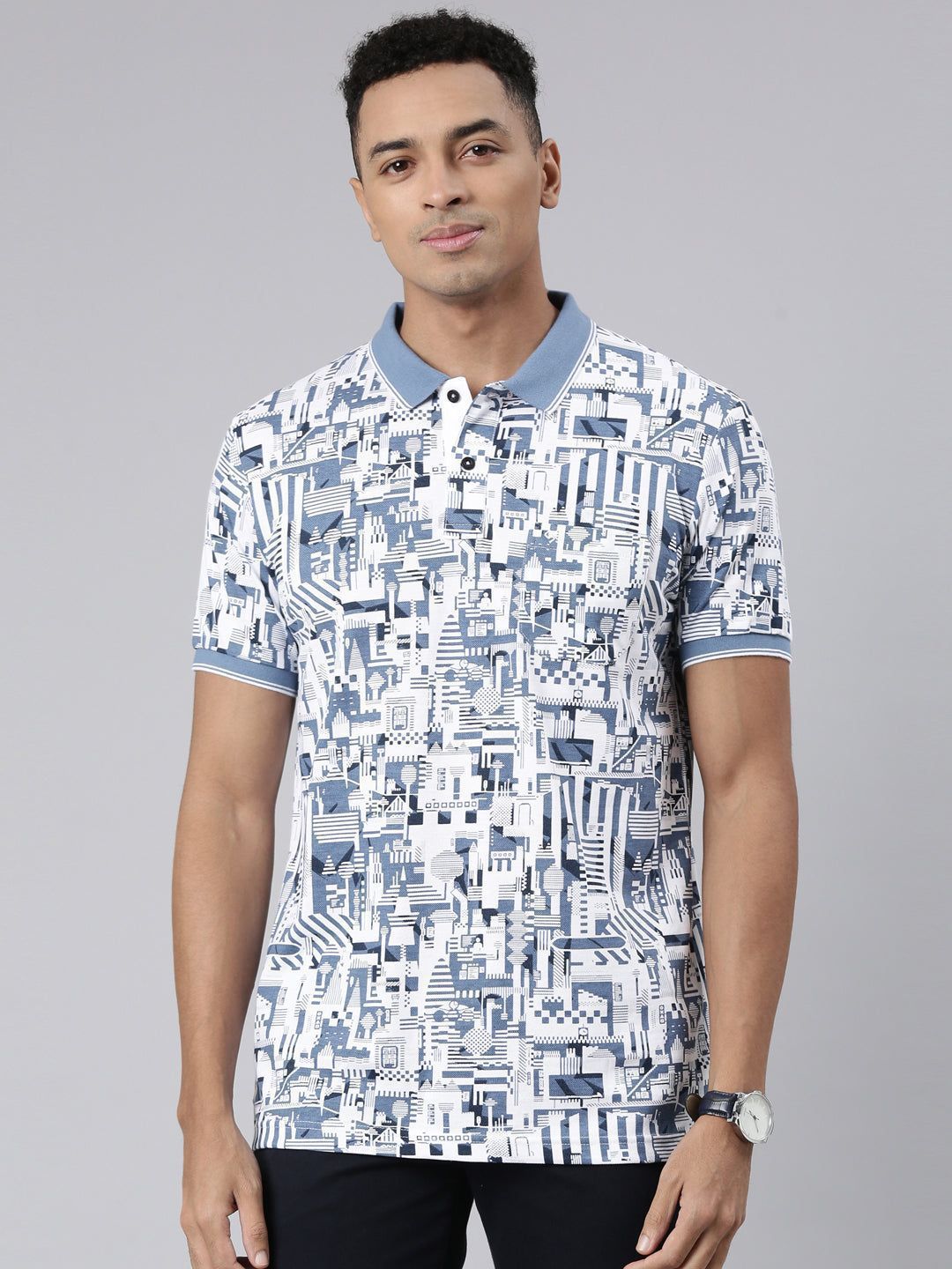 Classic Polo Men's Half Sleeve Blue/White Polo Neck Cotton Blend Slim Fit T-Shirt | BEAU - 267 A SF P