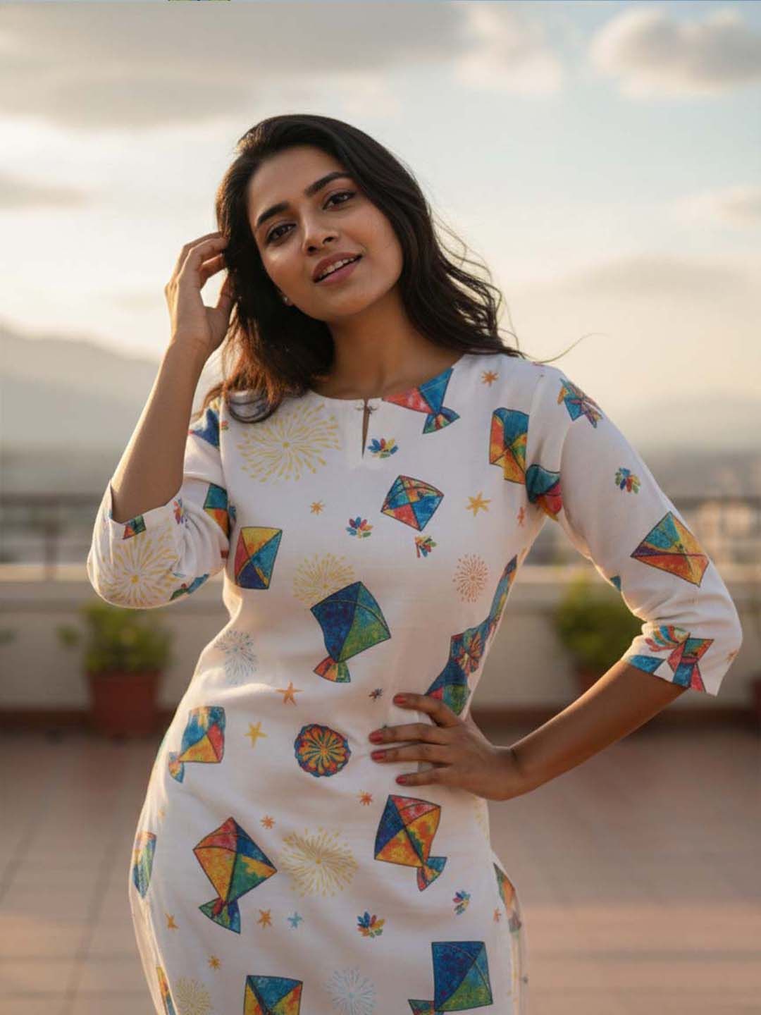 Festive wear Womens White Cotton Blend Kite Print Kurti