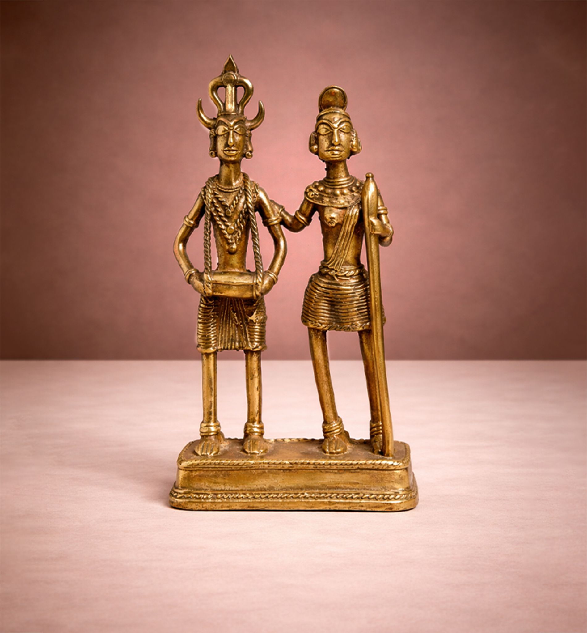 Handcrafted Brass Tribal Folk Dance Couple Showpiece – Traditional Bhareva Bell Metal Art