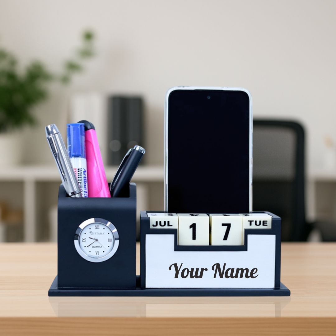 Classic Personalized Gifts : Custom Desk Organizer with Clock-silver