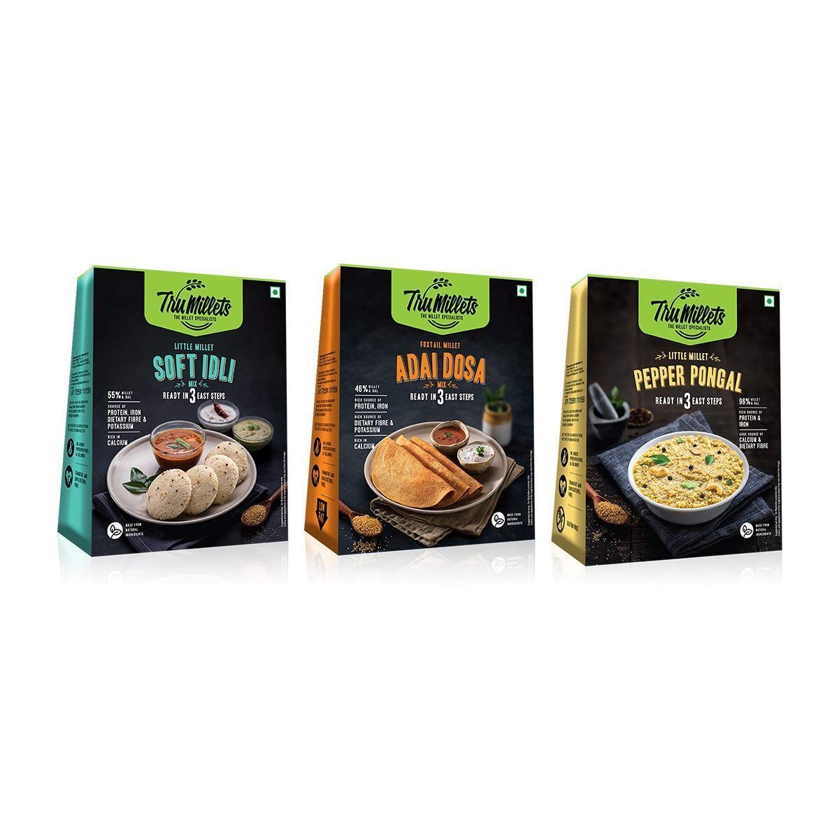 Trumillets Ready to Cook Adai Dosa 250g, Soft Idli 250g and Pepper Pongal 200g