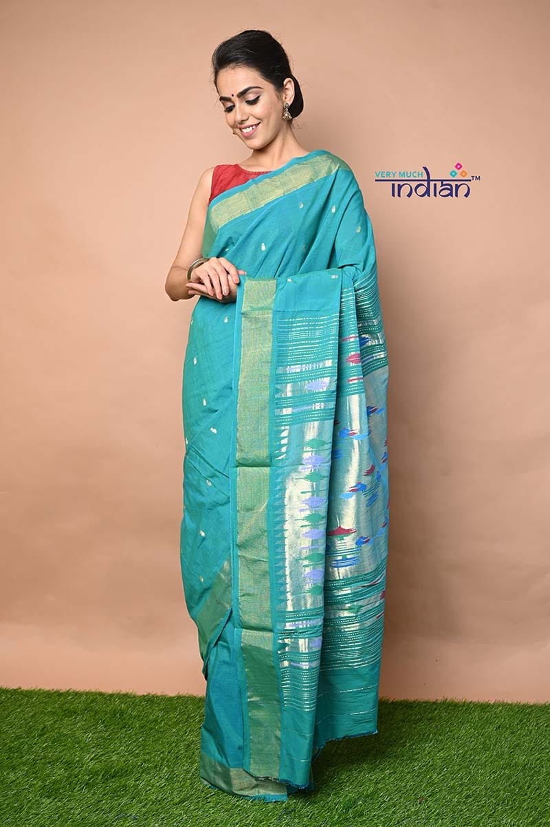 Cotton Handloom Paithani - Sea Green Colour with Golden Zari Border with Traditional Double Pallu