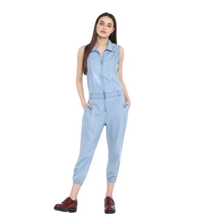 Women's Denim Solid Sleeveless Jumpsuit (Blue, L)-PID61783