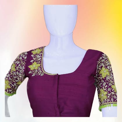 Designer Maggam Work Silk Blouse (Purple & Lime Green) | Hand-Embroidered Floral Motifs | Ethnic Party Wear