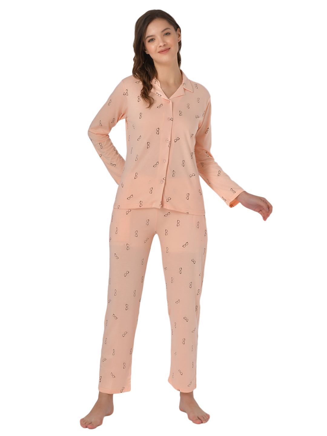 Klamotten Women's Baby Pink Allover Printed Top Pyjama Set N54H