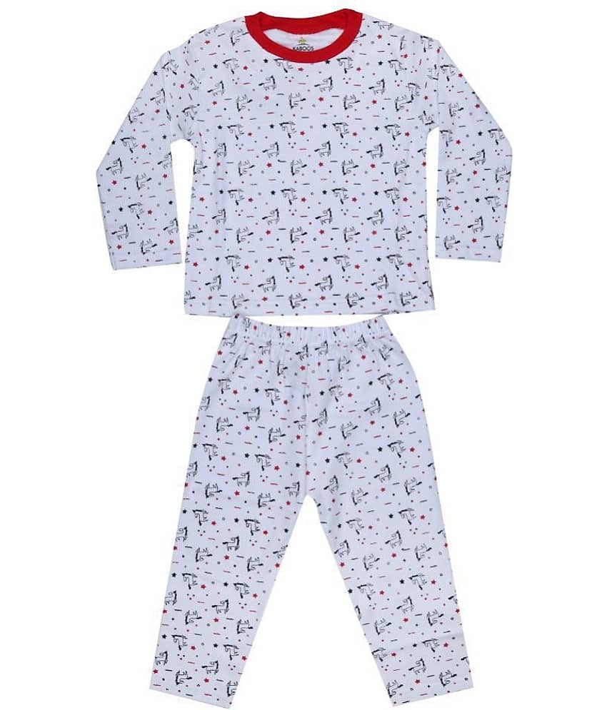 KABOOS Pack of 1 Boys 100% Cotton Nightsuit Set ( White )