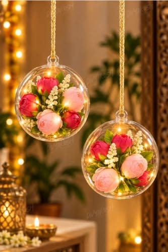 Artificial Peony Flowers Decoration with Cork Light, 2 Glass Globes, Diwali Decoration Items, Festive Home Decor