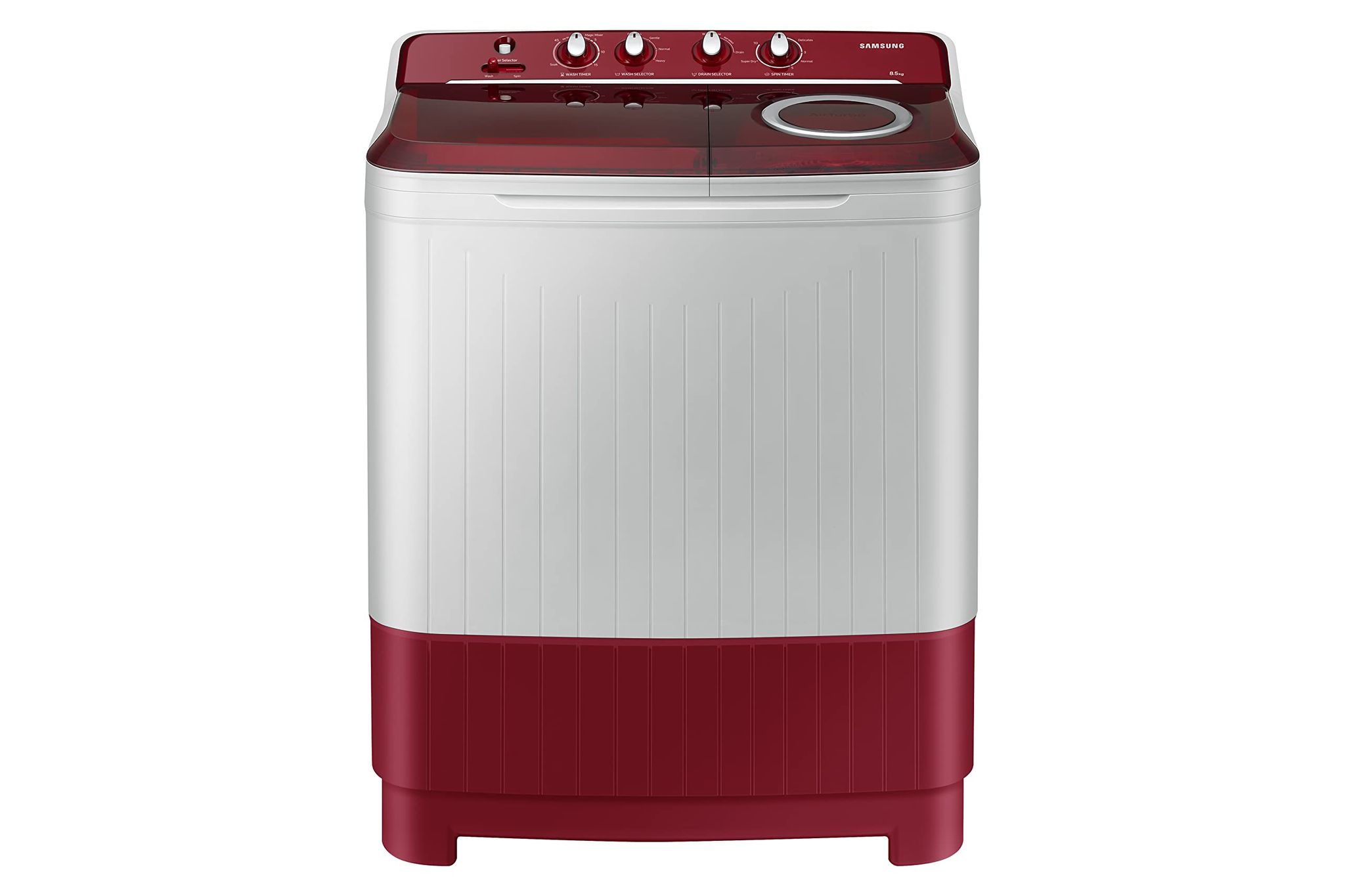 Samsung 8.5 KG 5 Star Semi-Automatic Top Load Washing Machine Appliance (WT85B4200RR/TL,LIGHT GRAY) Samsung 8.5 KG 5 Star Semi-Automatic Top Load Washing Machine Appliance (WT85B4200RR/TL,LIGHT GRAY) - Red / 8.5 kg