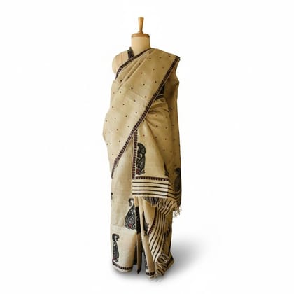 Hand-Woven Beige Cotton Paisley Saree