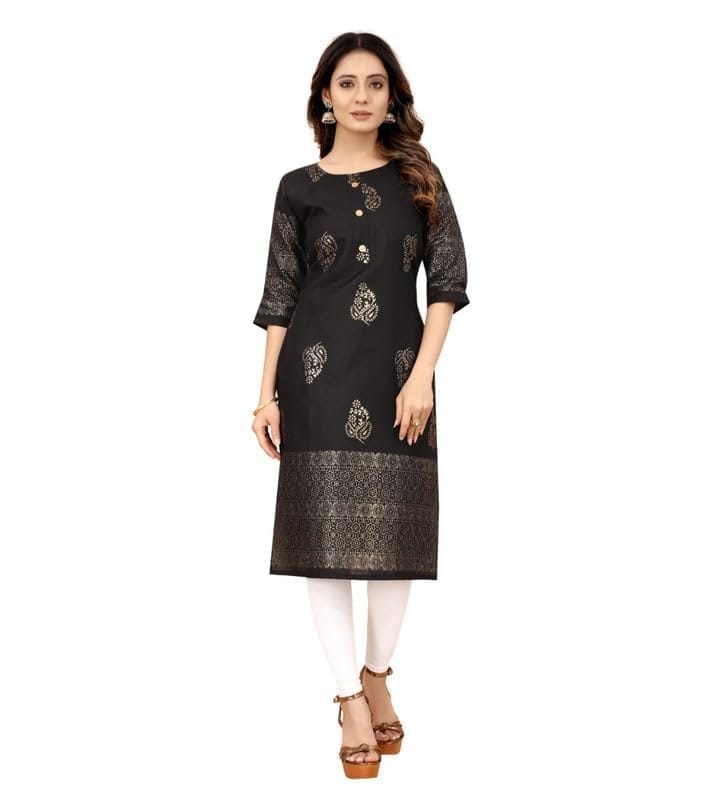 Women's Casual 3/4th Sleeve Foil Gold Printed Cotton Kurti (Black, M)-PID46149