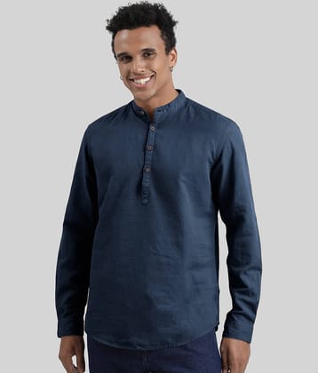 IVOC Men Navy Blue Slim Fit Cotton Linen Kurta