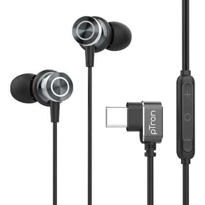 pTron Boom Play X3 In-Ear Type C Wired Headphones with Mic, 10mm Drivers for Pristine Sound, In-line Controls, 90 Degree USB-C Connector, 1.2m Tangle-Free Cable, Metal Buds & Wide Compatibility(Black)