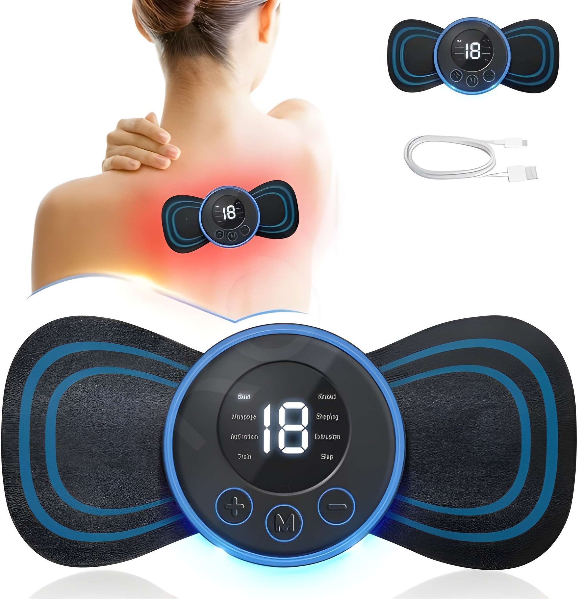 Wireless Portable Neck & Body Massager | EMS Mini Butterfly Massager with 8 Modes & 19 Intensity Levels | Rechargeable Pain Relief Massager for Neck, Shoulder, Back & Legs