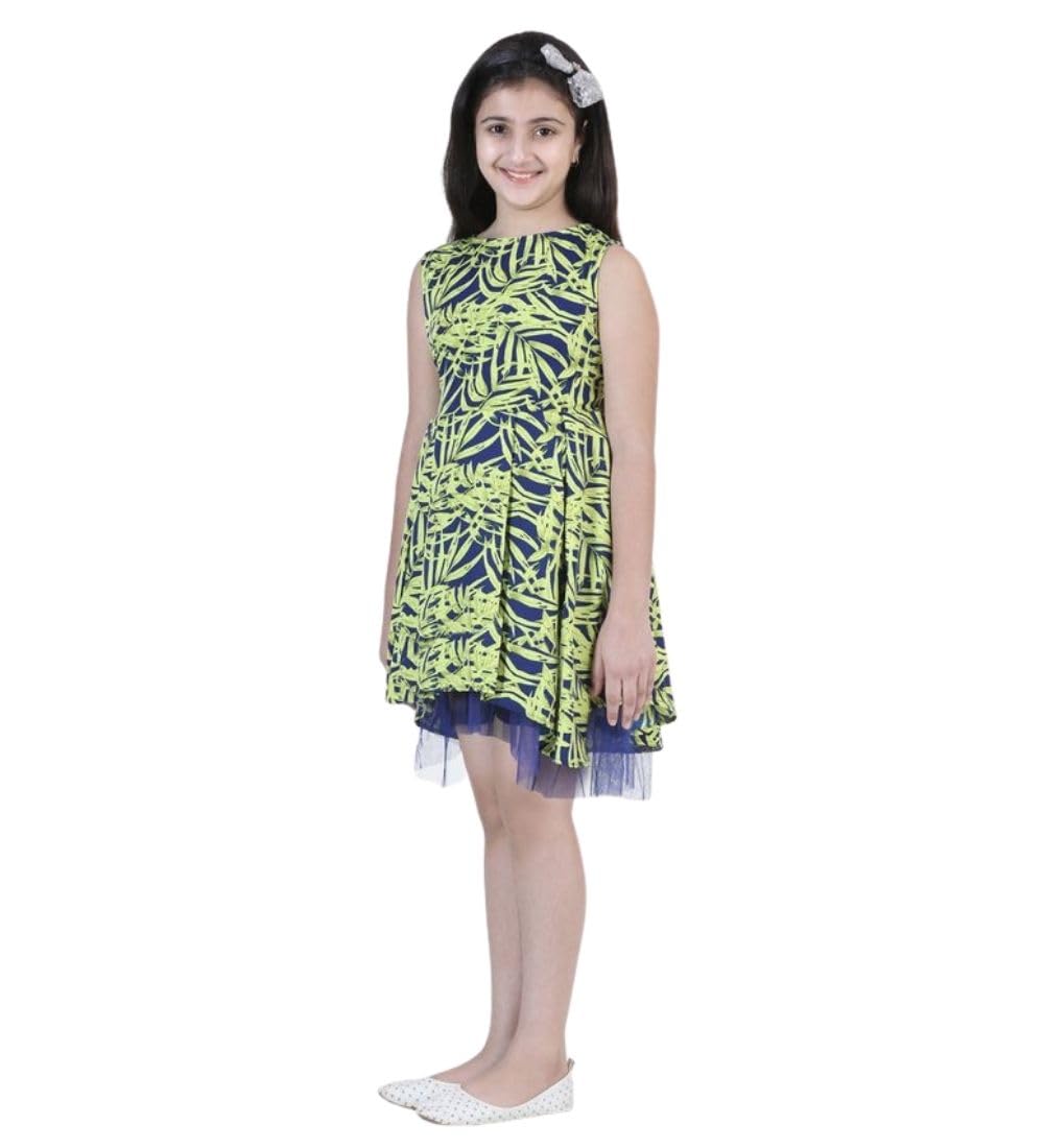 Girl's Polyester Crepe & Net Printed Sleeveless Dress (Yellow-Blue, 7-8-Yrs)-PID66035