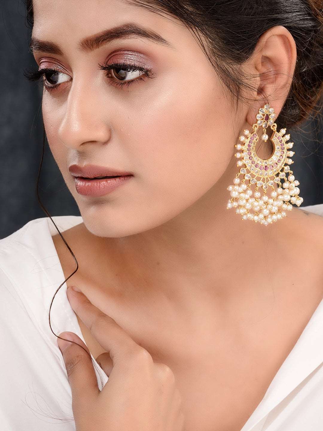 Gold Plated Pink AD Studded Peals Drops Chandbali Earrings