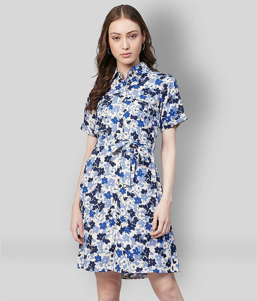 StyleStone Women Crepe Printed Shirt Dress ( Blue )