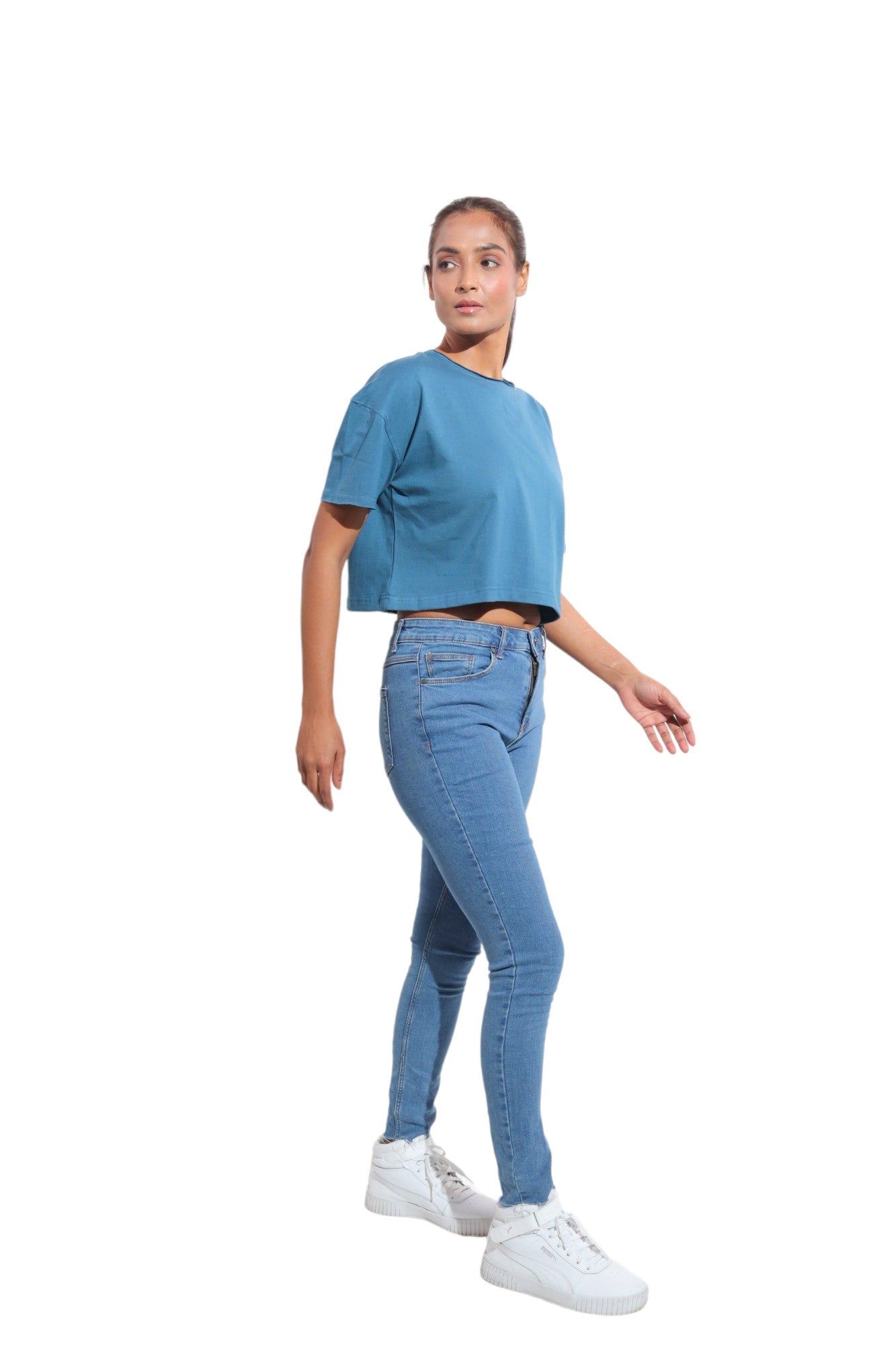 Kinnko Premium Cotton Womens Blue Solid Crop T-Shirt Plain