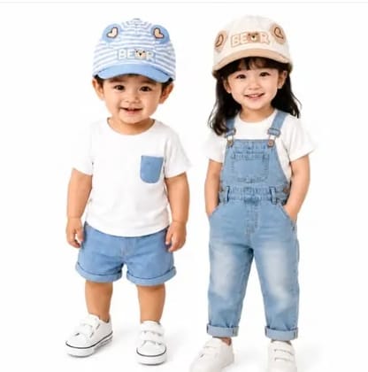 Kids Unisex Cotton Striped Bear Design Summer Cap | Soft & Lightweight Adjustable Baseball Cap (Pack of 2)