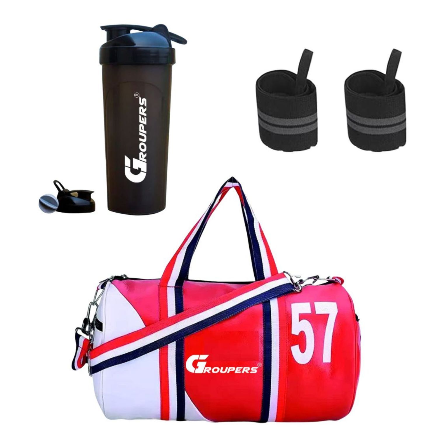 GROUPERS Duffle PU Leather Bag with Shaker Bottle-700ml & Wrist Bandl (Red White)