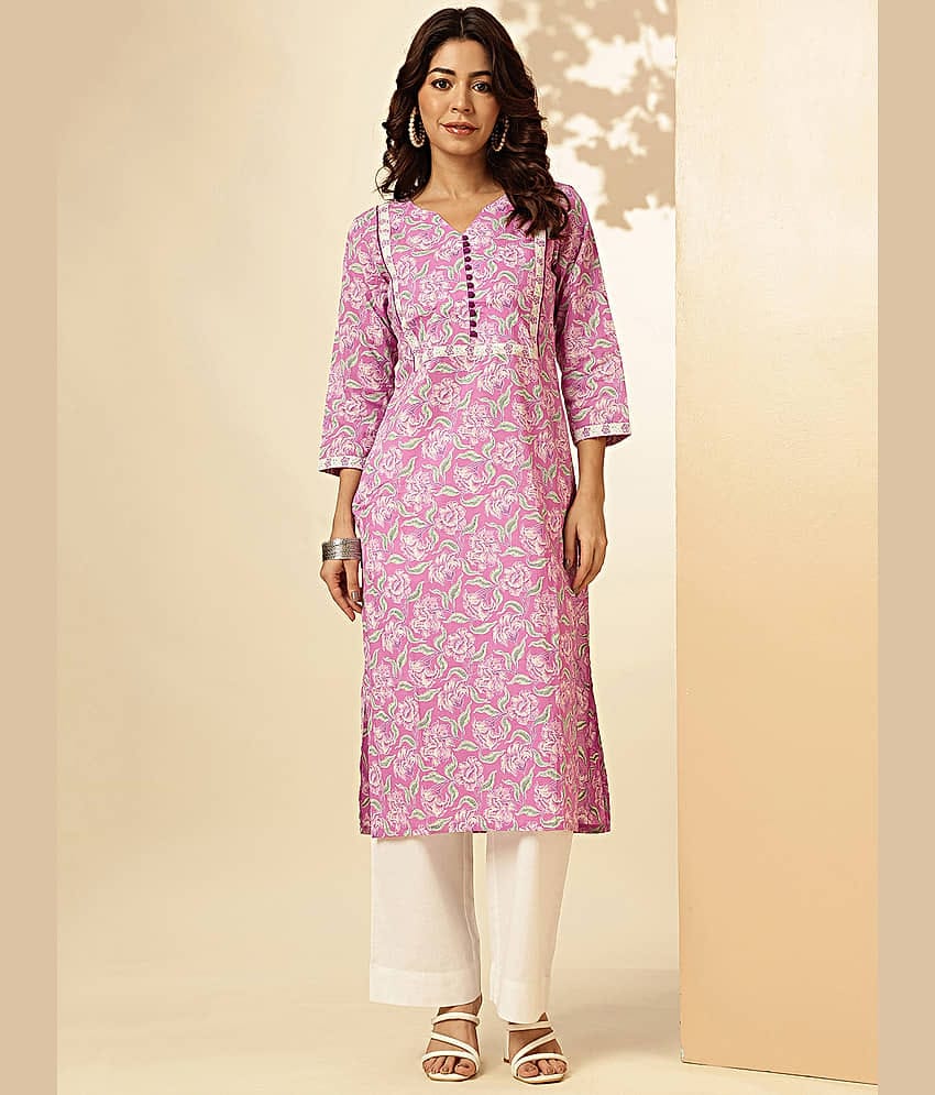 Vbuyz Cotton Printed Straight Women's Kurti - Pink ( Pack of 1 )