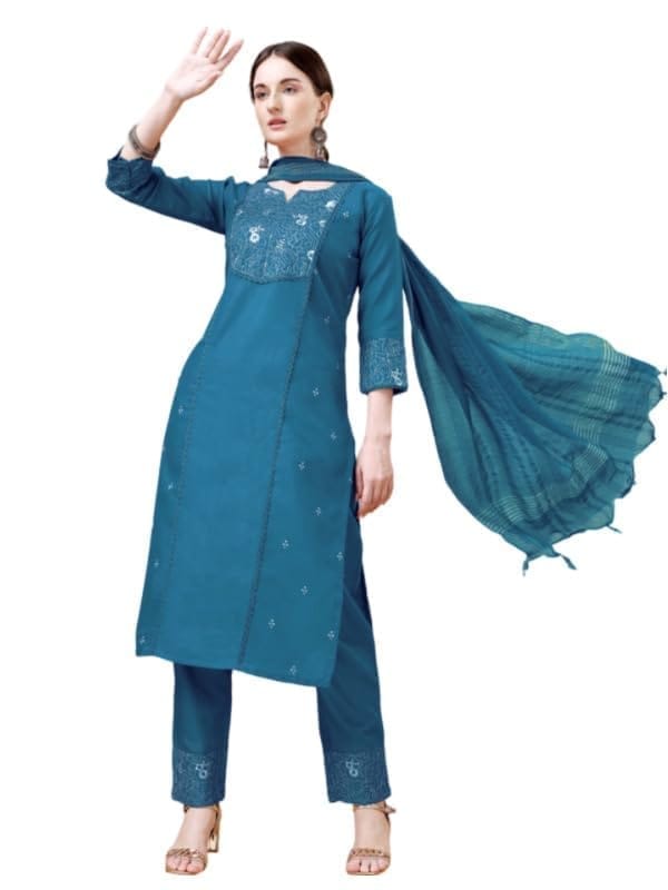 Women's Casual 3-4 th Sleeve Embroidery Cotton Kurti Pant Dupatta Set (Blue, S)-PID50246