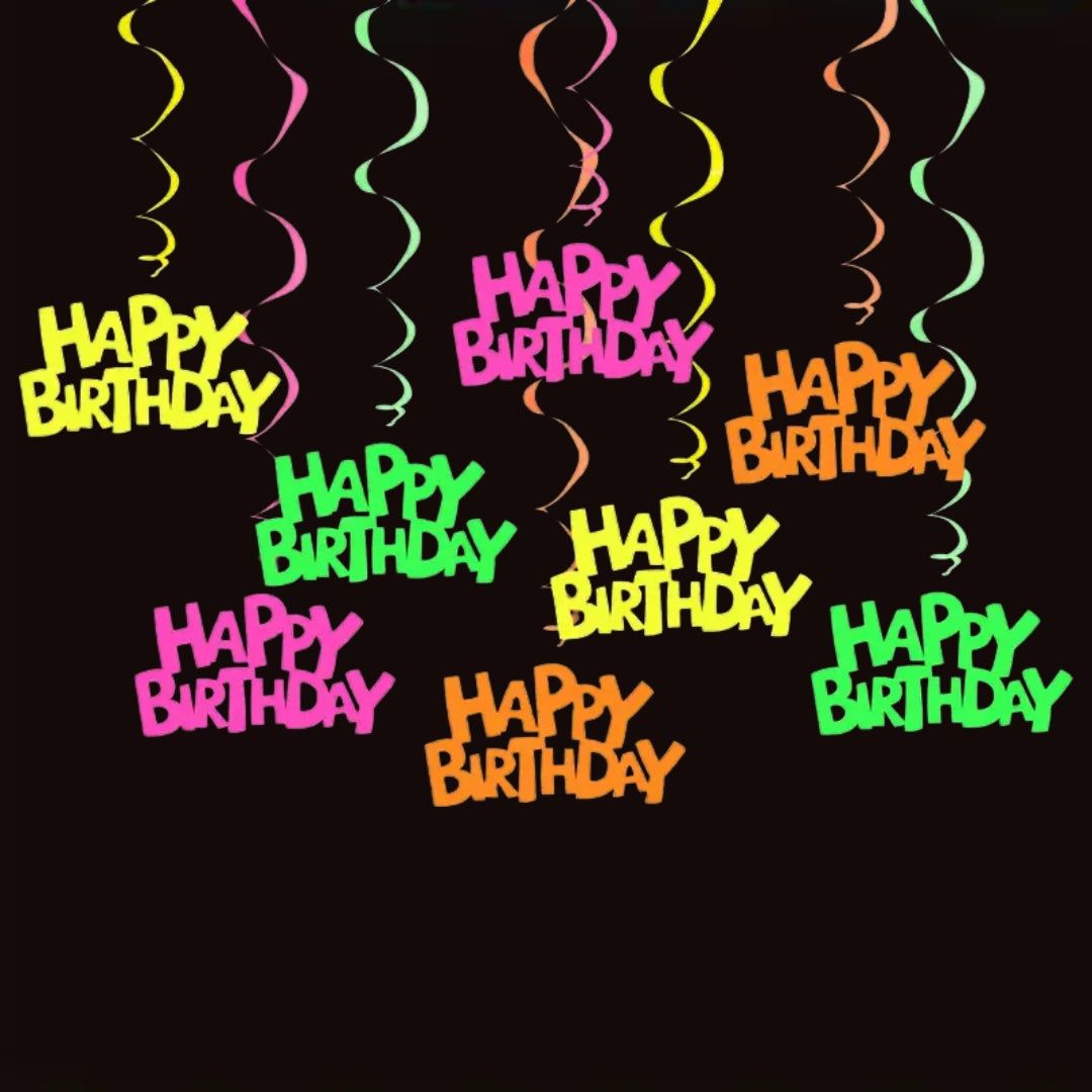 Neon UV/Glow In The Dark Happy Birthday Swirl Decoration - 5PC
