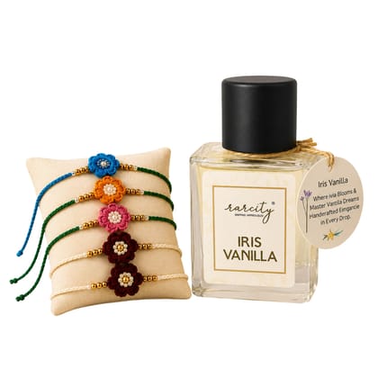Rareity Iris Vanilla Perfume with Handmade 2 Rakhi Gift Combo | Premium Raksha Bandhan Gift Set for Brother & Sister | Long Lasting Fragrance | Ready-to-Gift Box