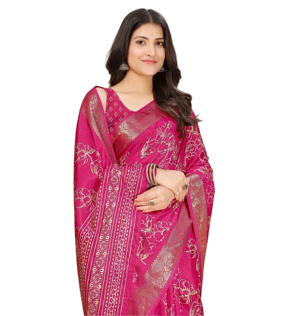 Women's Cotton Silk Floral Printed Saree With Unstitched Blouse 5.5Mtr (Pink)-PID66541