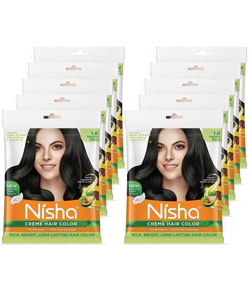 Nisha Creme Hair Color Natural Black 40g Pack of 10, Permanent Hair Color for Women Men, No Ammonia, 100% Grey Coverage