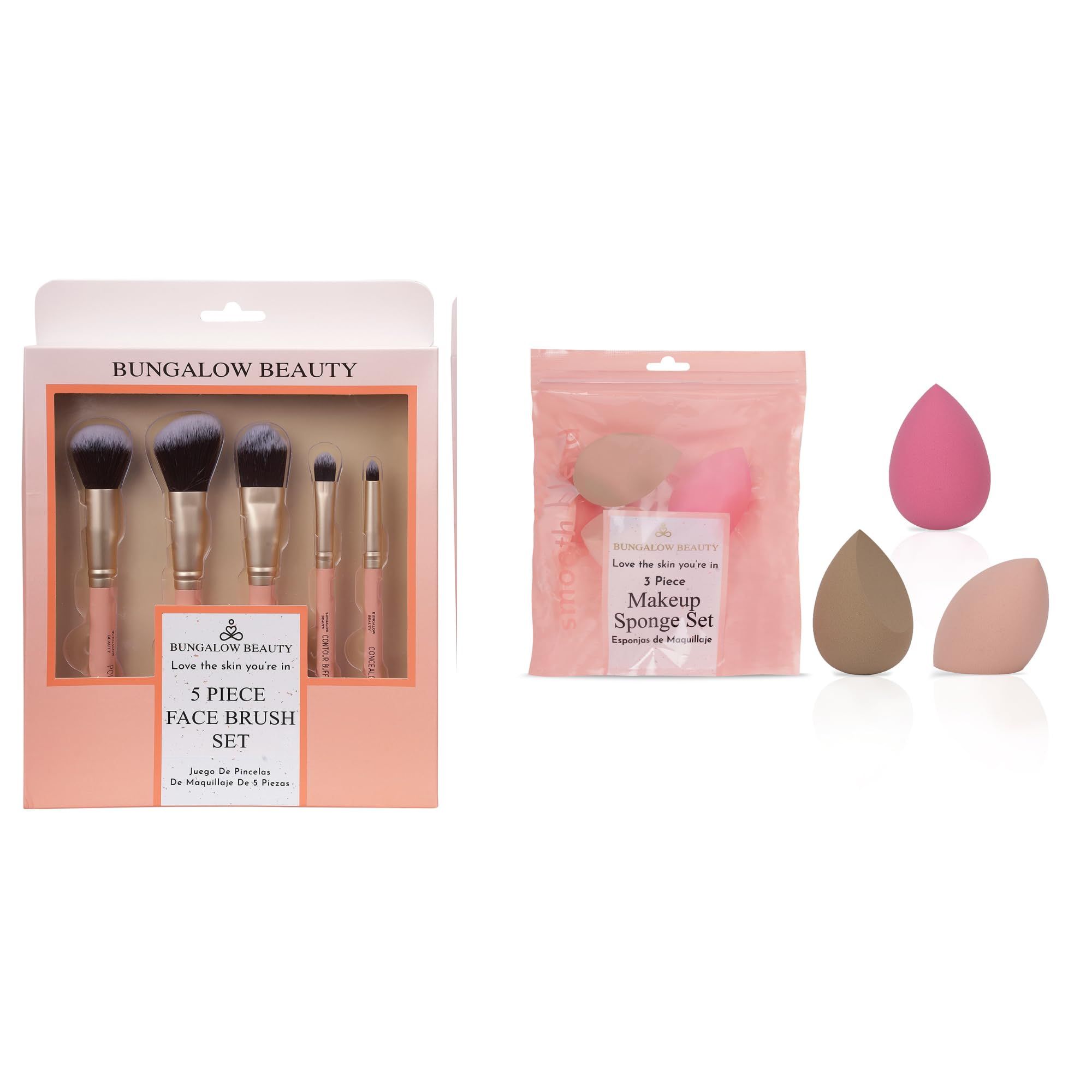 BUNGALOW BEAUTY Face powder Brush Set | Angled Blush Brush, Face Flat Brush, Angled Foundatuon Brush, Tapered Brush, Dual Sided Brow Brush | 5pc Set and Blending Sponge set of 3 pcs