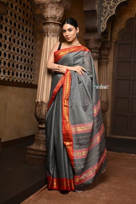 Parampara ~ Elegant Pure Cotton Saree in Timeless Grey with Zari Border & Pallu