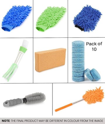 Mahek Accessories - Car Cleaning Combo Of Microfiber Gloves ,Rim Brush ,Ac Vent Brush ,Sponge , Dual Sided Gloves Mini Extendable Duster,Cellulose Sponge And Glass Cleaning Tablet for car accessories( Pack Of 17 )