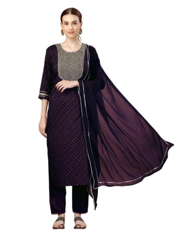 Women's Casual 3-4 th Sleeve Embroidery Silk Blend Kurti Pant Dupatta Set (Purple, S)-PID50266