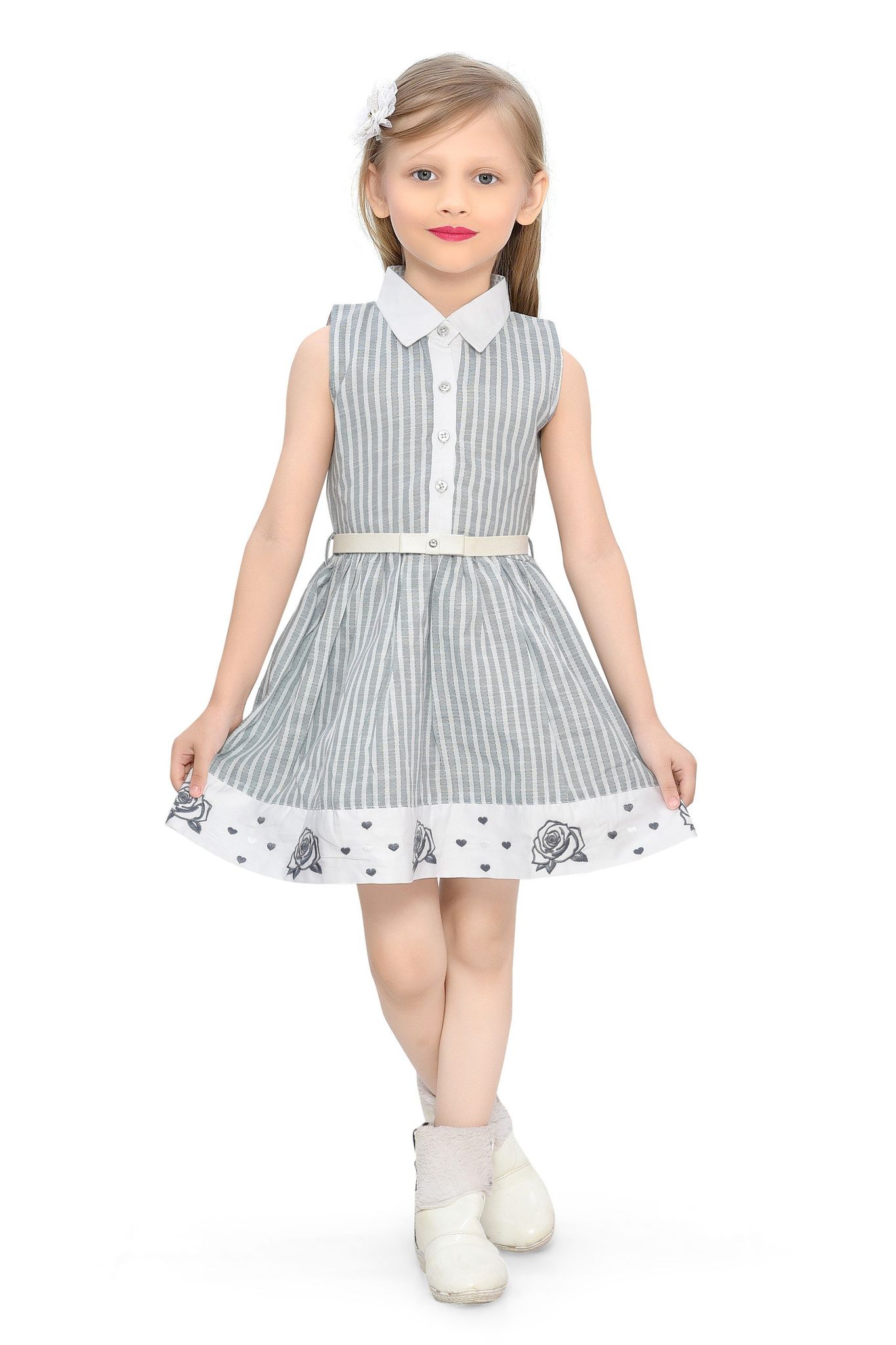 Be:Kids Grey Sweet Summer Stripes and Roses Cotton Dress with Peter Pan Collar