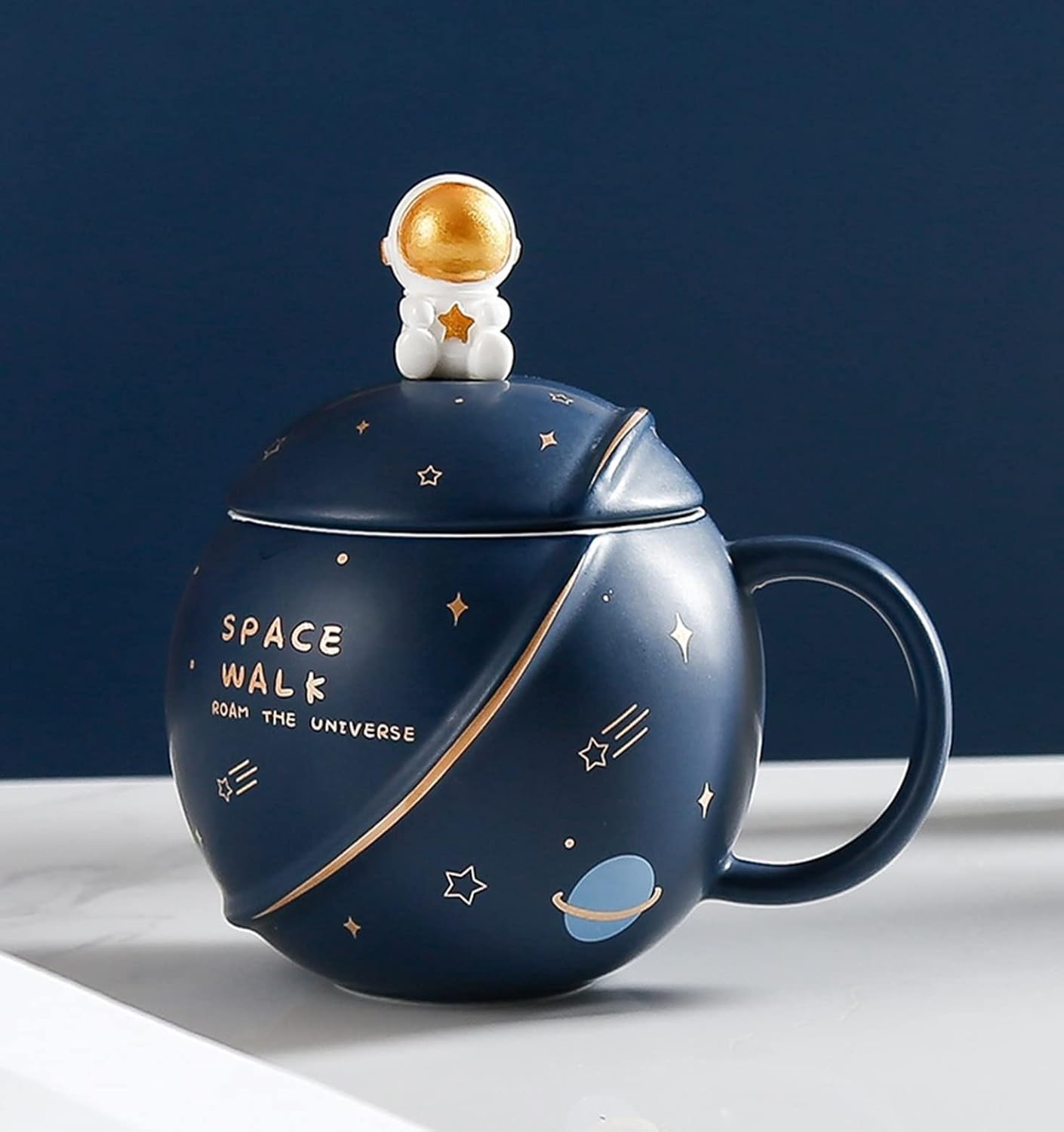 Coffee Mug, Birthday Presents for Man, Mugs for Present, Diwali Gift, Birthday Gifts for Brother Special, Astronaut Planet Coffee Mug with 3D Creative Space, Lid & Spoon (400ml-Dark Blue)