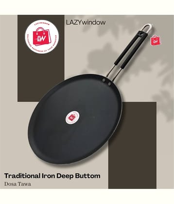 LAZYWINDOW Non Coated Cast Iron Roti Tawa Induction Bottom Stainless Steel Handle 2 mm Thickness 25 cm Diameter